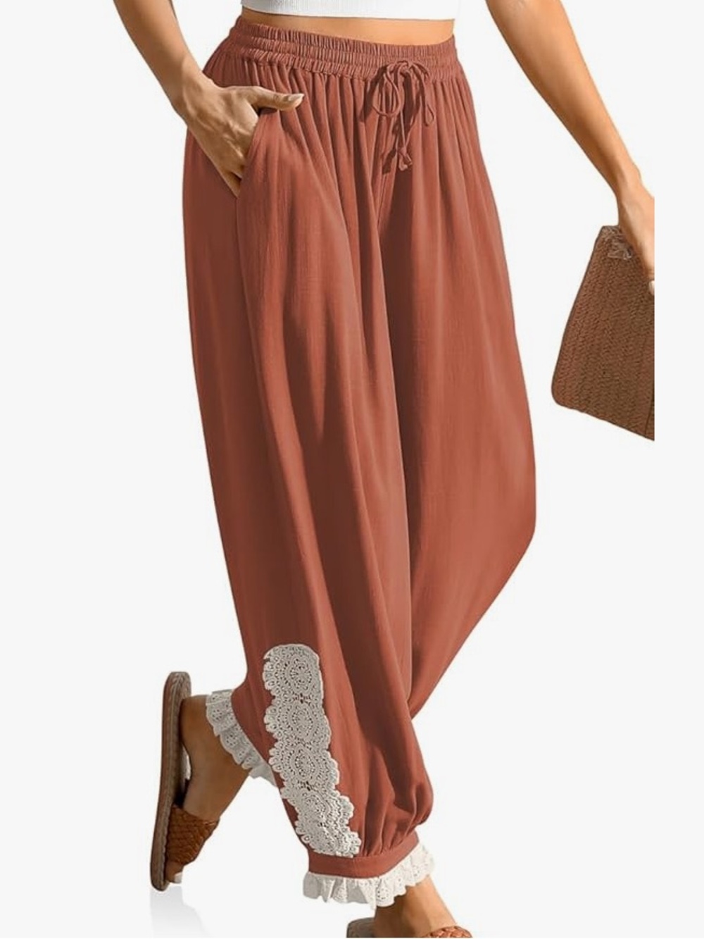 Tarse Linen Harem Pants With Lace Trim
